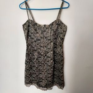 Bebe Gold & Black Lace double lined mini Metallic Evening Party Club dress